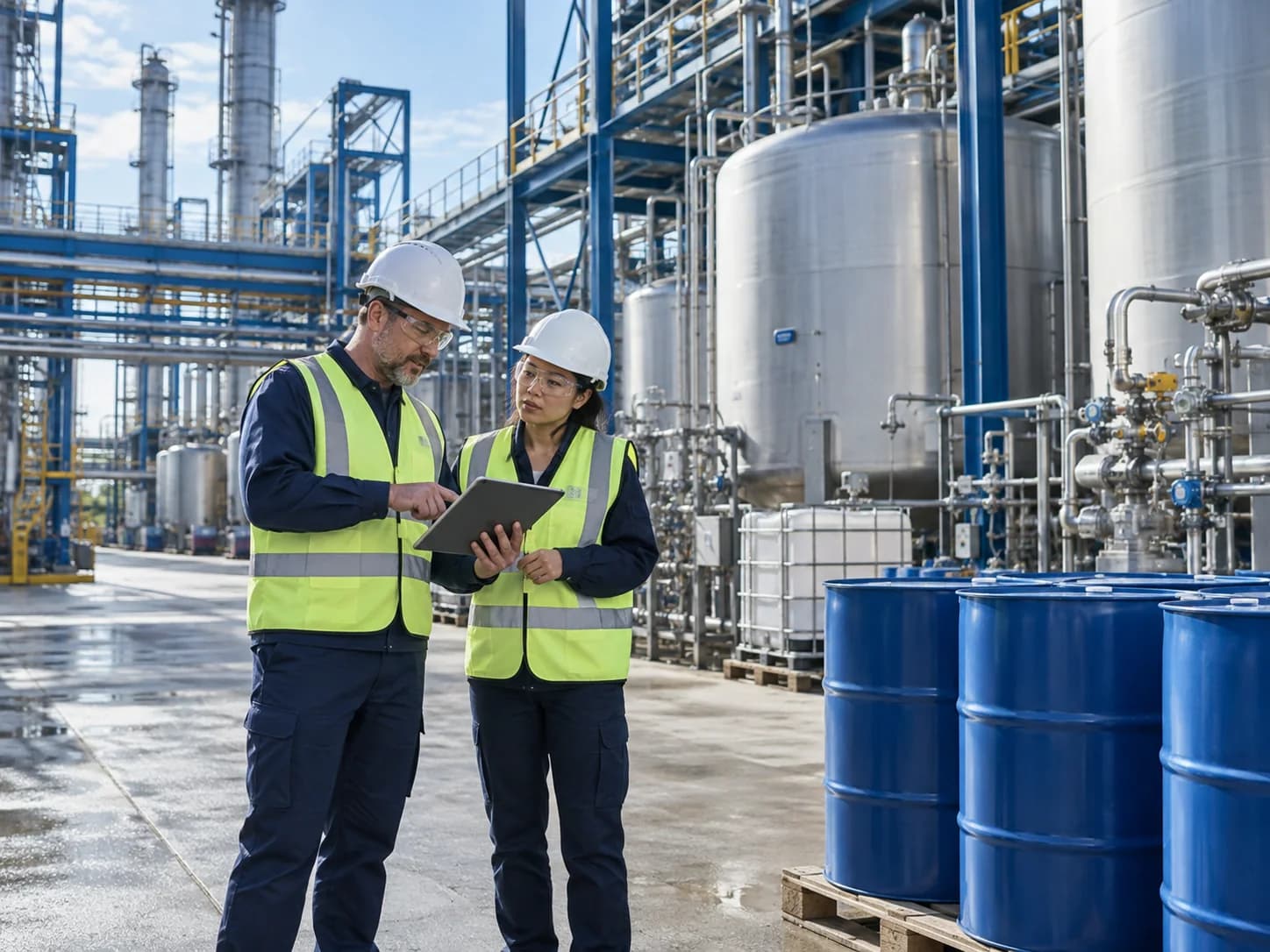 Industrial buyers reviewing chemical production